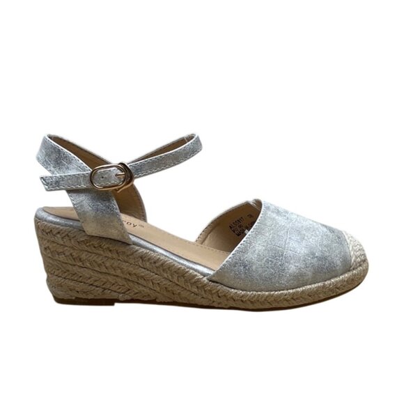 Alexis Leroy Women’s Silver Espadrille Ankle Strap Wedge Sandals Size 7.5US - Ne - Picture 1 of 7